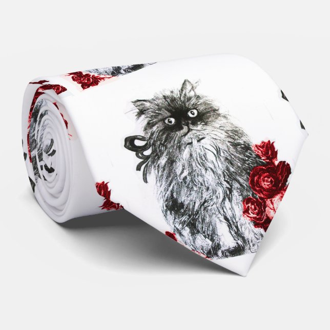 KITTY CAT,KITTEN WITH RED ROSES Black White Neck Tie (Rolled)