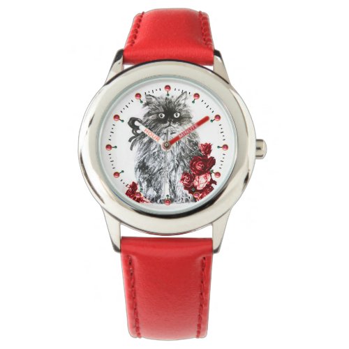 KITTY CAT  KITTEN WITH RED ROSES Black White Watch