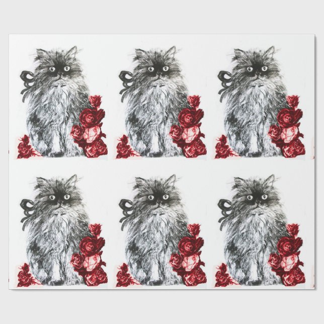 KITTY CAT /KITTEN WITH RED ROSES Black White Wrapping Paper (Flat)