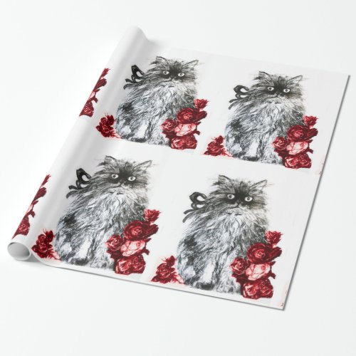 KITTY CAT KITTEN WITH RED ROSES Black White Wrapping Paper