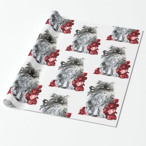 KITTY CAT KITTEN WITH RED ROSES Black White Wrapping Paper