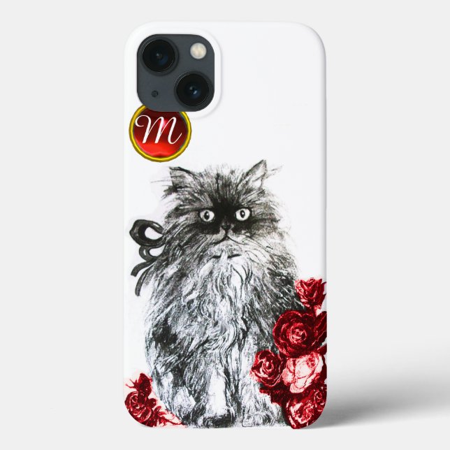 KITTY CAT,KITTEN WITH RED ROSES GEM MONOGRAM,white Case-Mate iPhone Case (Back)