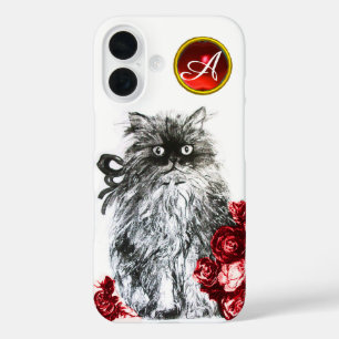KITTY CAT,KITTEN WITH RED ROSES GEM MONOGRAM,white iPhone 16 Case
