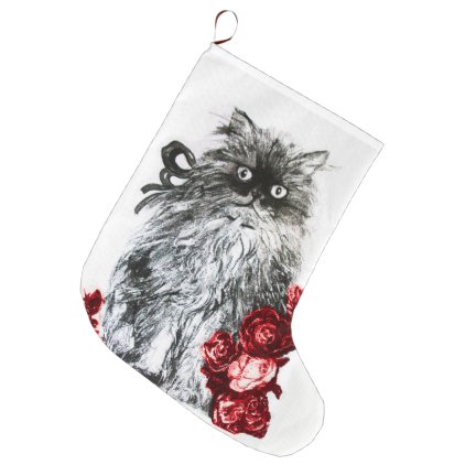 KITTY CAT, KITTEN WITH WHITE RED ROSES LARGE CHRISTMAS STOCKING