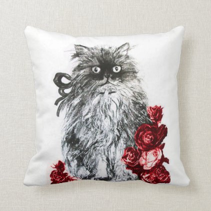 KITTY CAT, KITTEN WITH WHITE RED ROSES THROW PILLOW