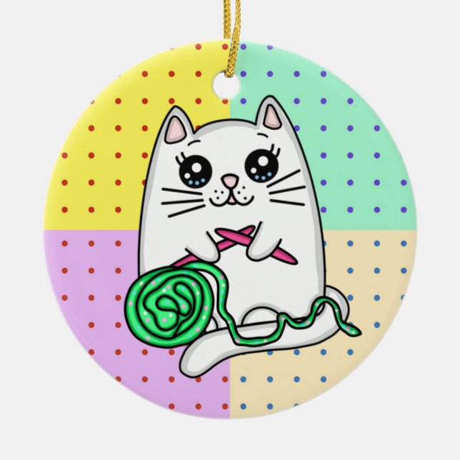Kitty Cat Knitting with Yarn Ceramic Ornament (Front)