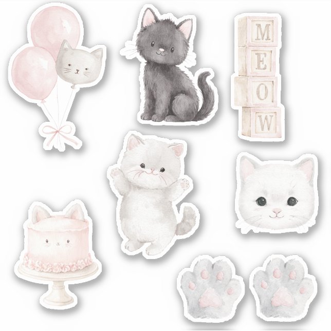 Kitty Cat Meow Cake Balloons Paws Sticker (Front)