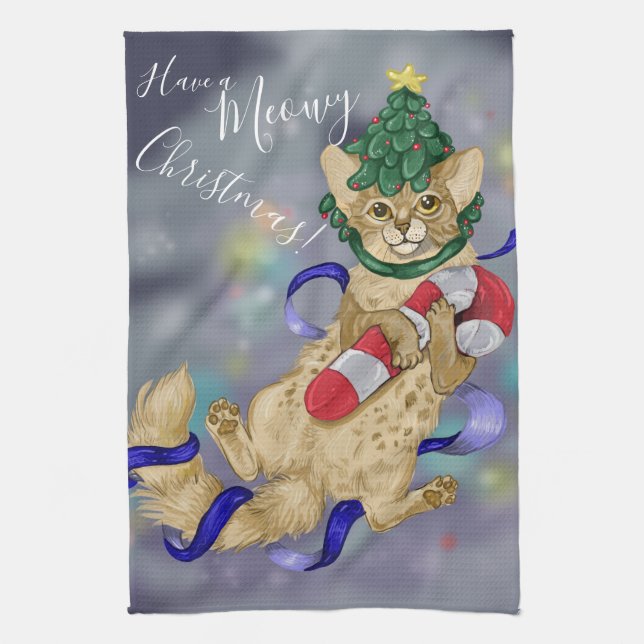 Kitty Cat Meowy Christmas! Kitchen Towel (Vertical)