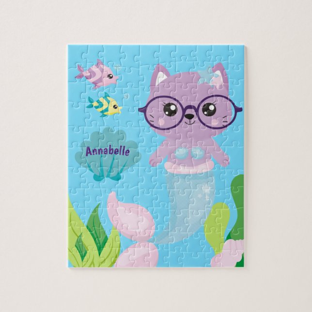 Kitty Cat Mermaid and Fish Friends Personalized Jigsaw Puzzle (Vertical)