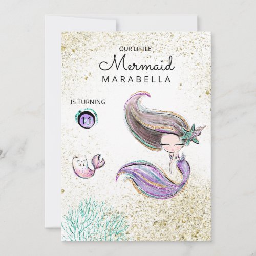 *~* Kitty Cat Mermaid Gold Glitter Hair Birthday Invitation