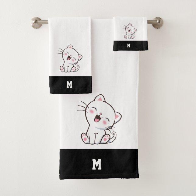 Kitty Cat & Monogram on Black & White Bath Towel S (Insitu)