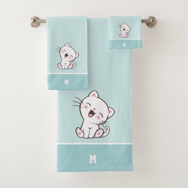 Kitty Cat & Monogram on Light Blue Bath Towel Set (Insitu)