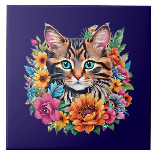 Kitty Cat on navy blue Ceramic Tile (Front)