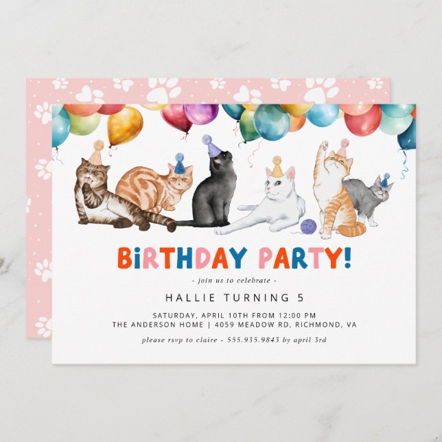 Kitty Cat Party | Fun Colorful Kids Birthday Invitation (Front/Back)