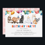 Kitty Cat Party | Fun Colorful Kids Birthday Invitation<br><div class="desc">Fun and colorful cat-themed birthday party invitations with illustrations of kitties and party balloons. The reverse side features a pawprint pattern on a pastel pink background. Personalize with your party details.</div>