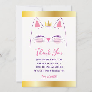Kitty Cat Pink and Gold Birthday Party Thank You Card