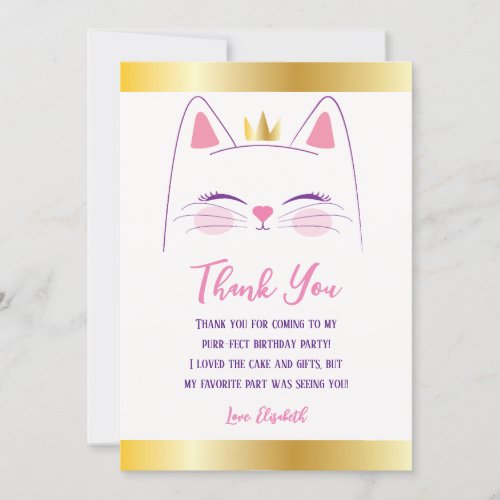 Kitty Cat Pink and Gold Birthday Party  Thank You Card