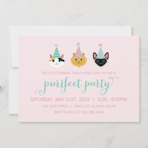 Kitty Cat Pink and Green Birthday Party Kitten Invitation