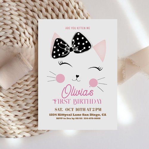 Kitty Cat Pink Glitter Birthday Party  Invitation