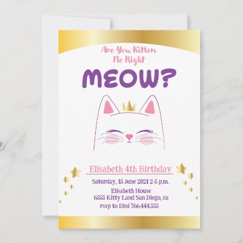 Kitty Cat Pink Gold Birthday Party Invitation