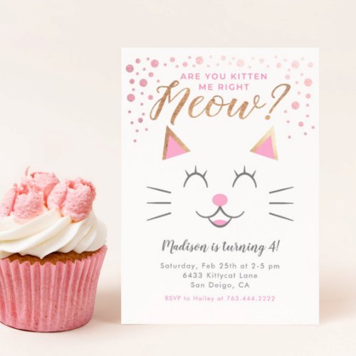 Kitty Cat Pink Gold Birthday Party Invitation