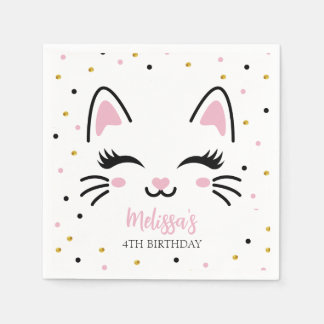 Kitty Cat Pink Gold Birthday Party Napkins
