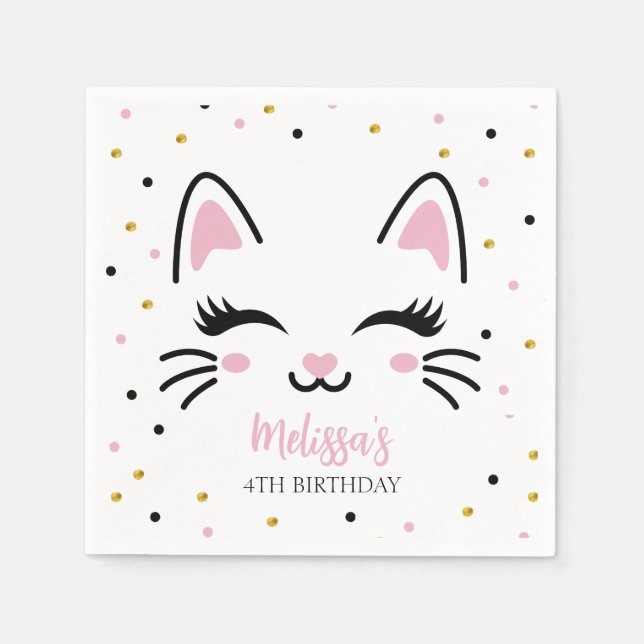 Kitty Cat Pink Gold Birthday Party  Napkins (Front)