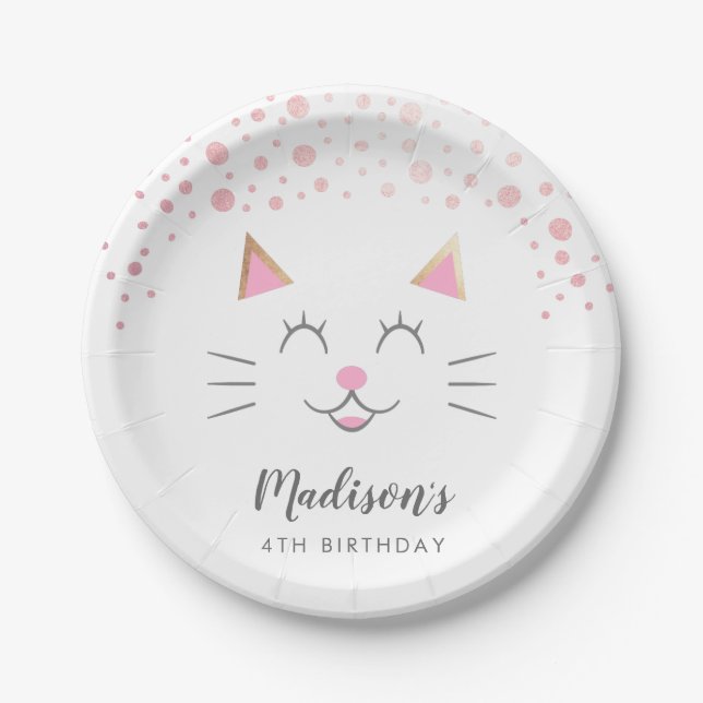 Kitty Cat Pink Gold Birthday Party Paper Plates (Front)