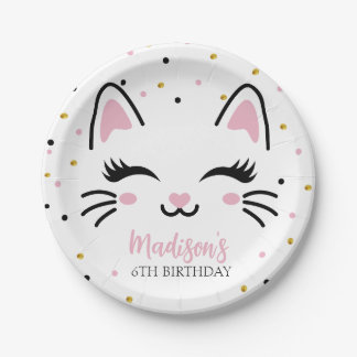 Kitty Cat Pink Gold Birthday Party Paper Plates
