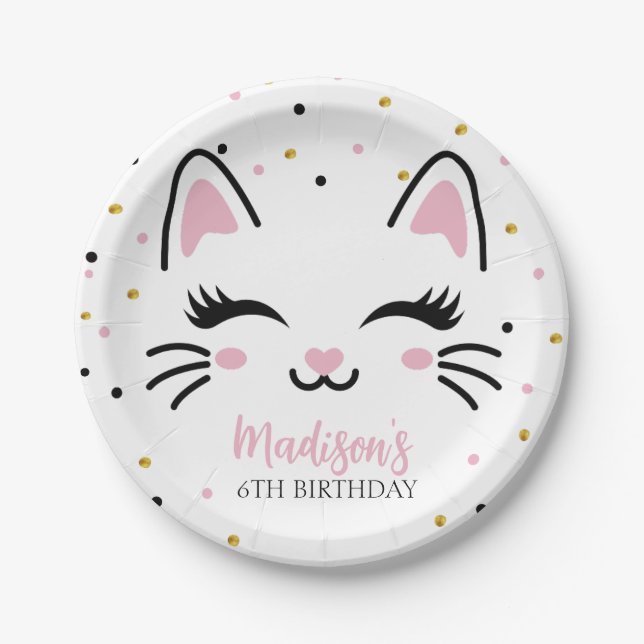 Kitty Cat Pink Gold Birthday Party Paper Plates (Front)