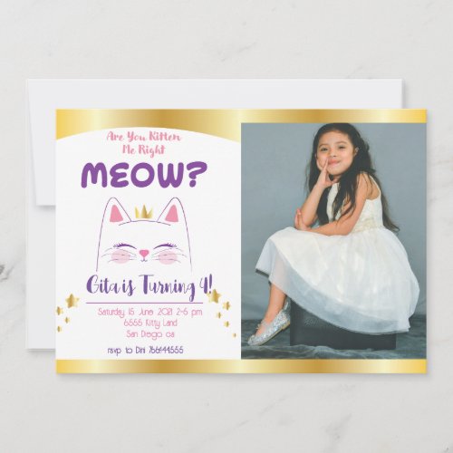 Kitty Cat Pink Gold Birthday Party Photo Invitation