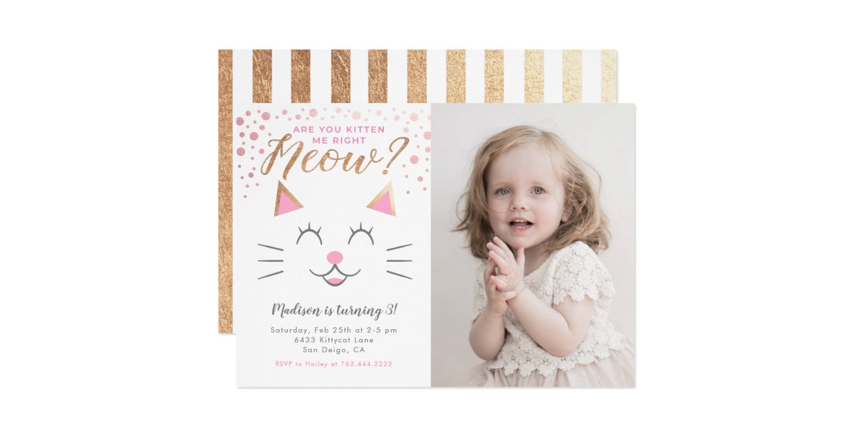 Kitty Cat Pink Gold Birthday Party Photo Invitation Zazzle Com