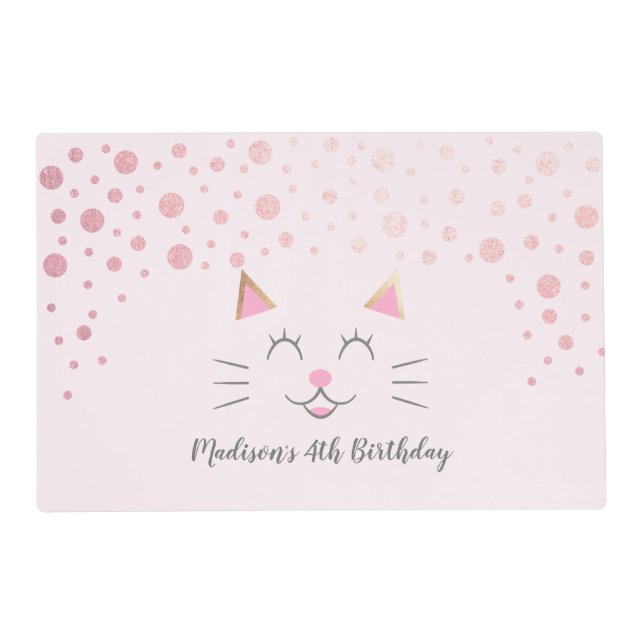 Kitty Cat Pink Gold Birthday Party Placemat (Front)