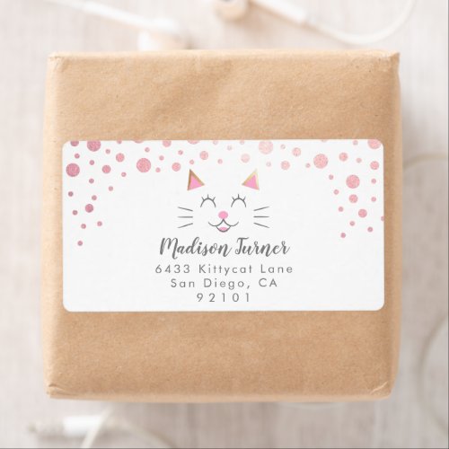 Kitty Cat Pink Gold Glitter Return Address Label