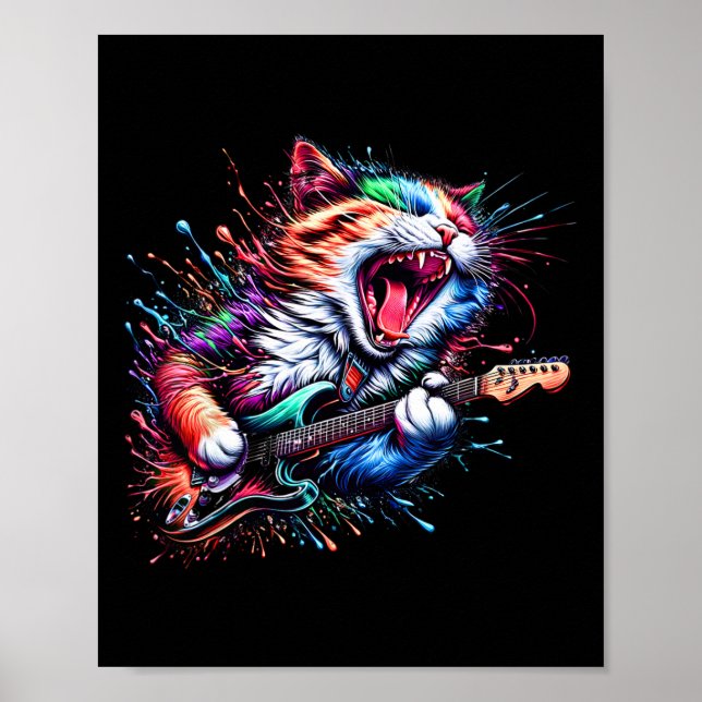 Kitty Cat Playing Guitar Rock Cat Heavy Metal Cat  Poster (Front)