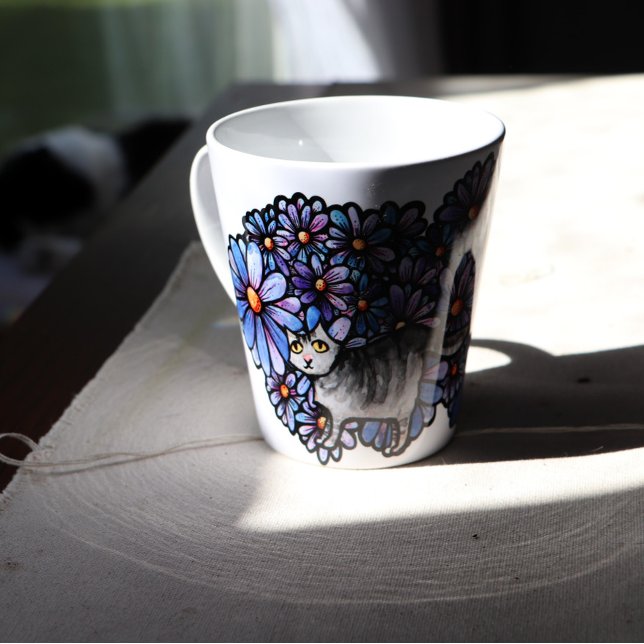 Kitty Cat Purple Daisies Gray Cat Art Gray Cats    Latte Mug (Creator Uploaded)