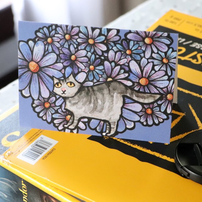 Kitty Cat Purple Daisies Grey Cat Art Gray Cats    Card (Creator Uploaded)