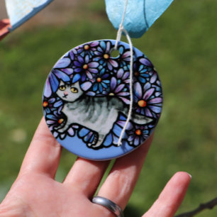 Kitty Cat Purple Daisies Grey Cat Art Gray Cats Ceramic Ornament