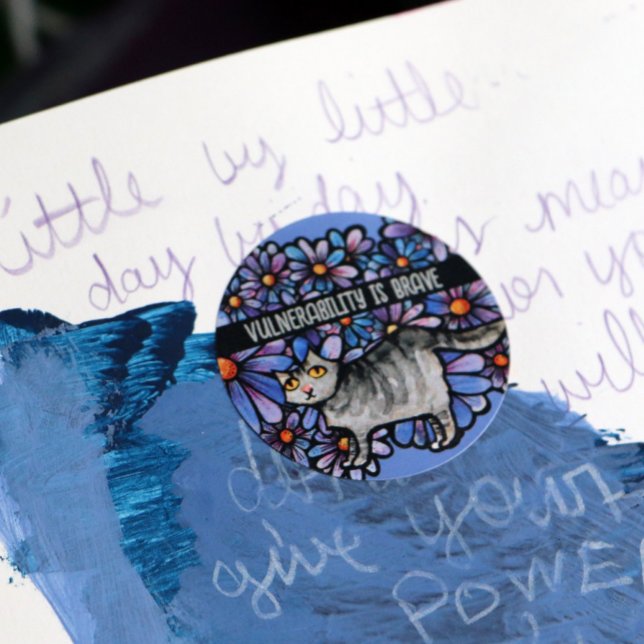 Kitty Cat Purple Daisies Grey Cat Art Gray Cats    Classic Round Sticker (Creator Uploaded)