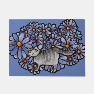 Kitty Cat Purple Daisies Grey Cat Art Gray Cats Doormat