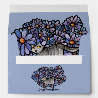 Kitty Cat Purple Daisies Grey Cat Art Gray Cats Envelope