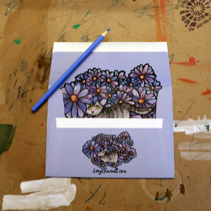Kitty Cat Purple Daisies Grey Cat Art Gray Cats Envelope