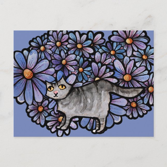 Kitty Cat Purple Daisies Grey Cat Art Gray Cats    Holiday Postcard (Front)