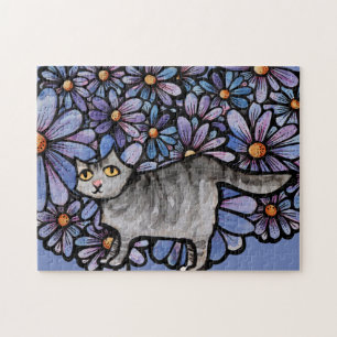Kitty Cat Purple Daisies Grey Cat Art Gray Cats Jigsaw Puzzle