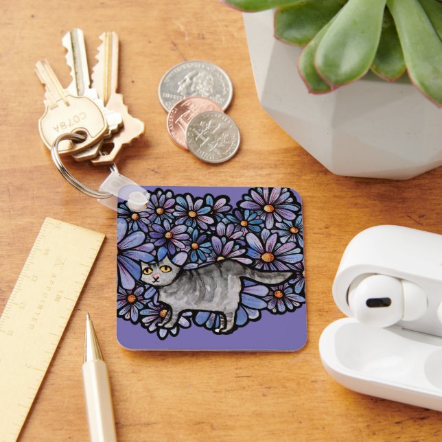 Kitty Cat Purple Daisies Grey Cat Art Gray Cats   Keychain (Desk)