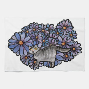 Kitty Cat Purple Daisies Grey Cat Art Gray Cats    Kitchen Towel