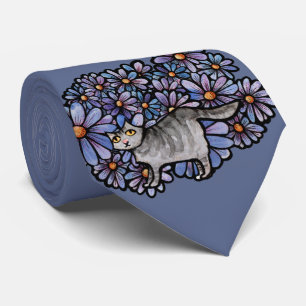 Kitty Cat Purple Daisies Grey Cat Art Gray Cats    Neck Tie