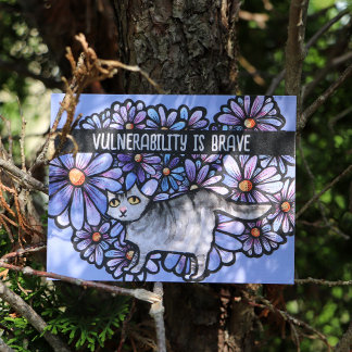 Kitty Cat Purple Daisies Grey Cat Art Gray Cats Postcard