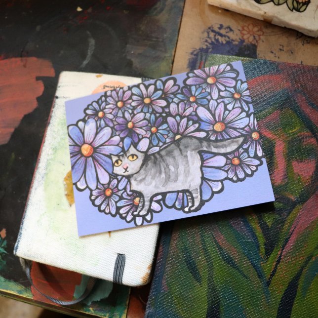 Kitty Cat Purple Daisies Grey Cat Art Gray Cats    Postcard (Creator Uploaded)