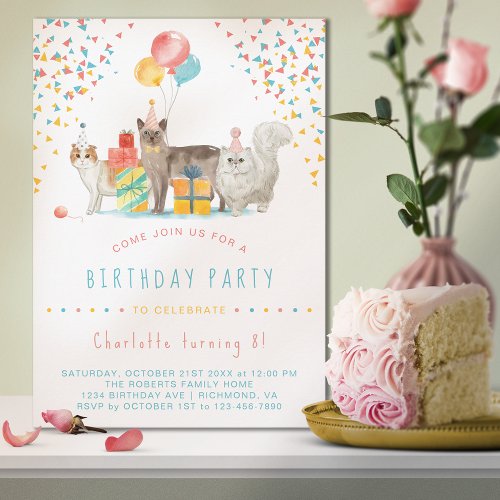 Kitty Cat Rainbow Confetti Fun Kids Birthday Party Invitation